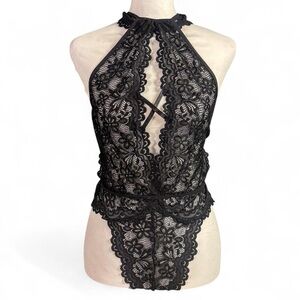 Black Lace Halter Bodysuit Size Small Sheer Floral Lace Open Back Lingerie Top